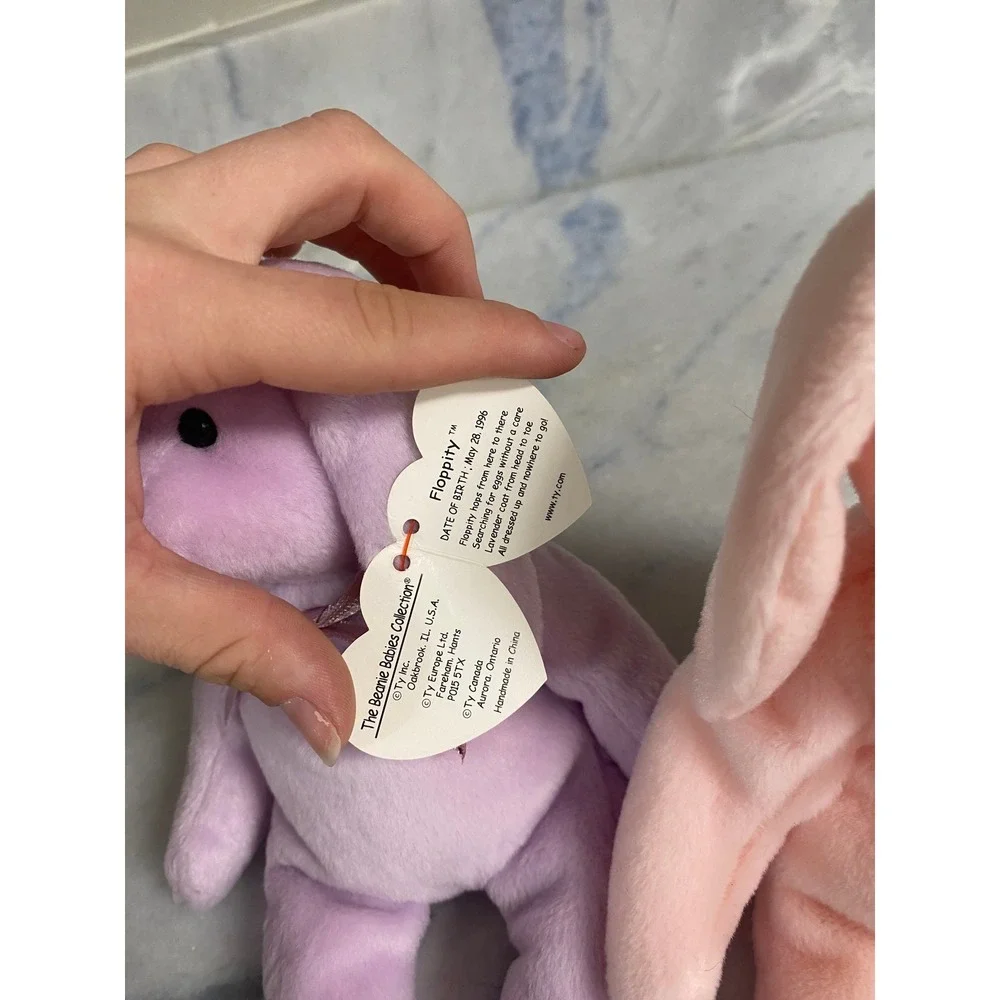 Ty‎ Beanie Babies Floppity Hoppity Bunny Rabbit Pair Pink Purple 1996 Tagged